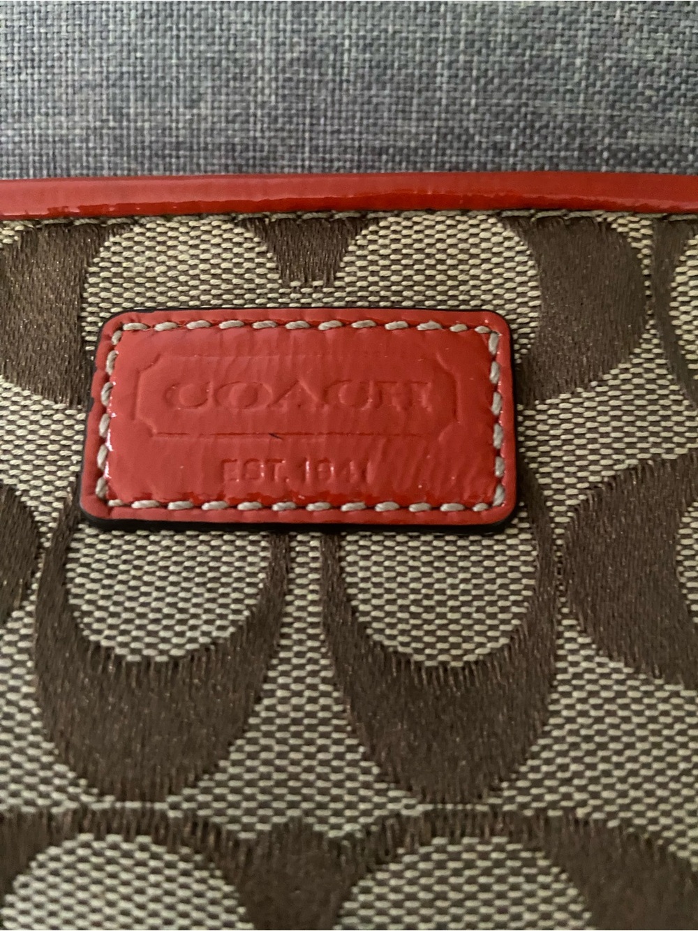 Coach Signature Canvas Cosmetic Pouch in Tan with Orange Trim - Picture 6 of 9